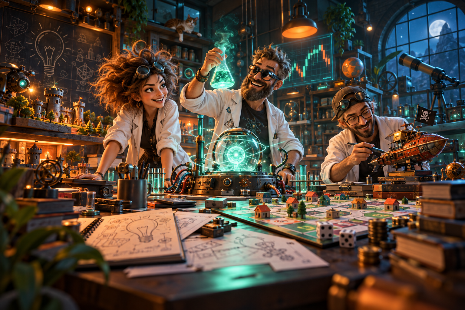 Three playful mad scientists in a glowing laboratory, surrounded by game prototypes, a miniature pirate spaceship, and market charts.