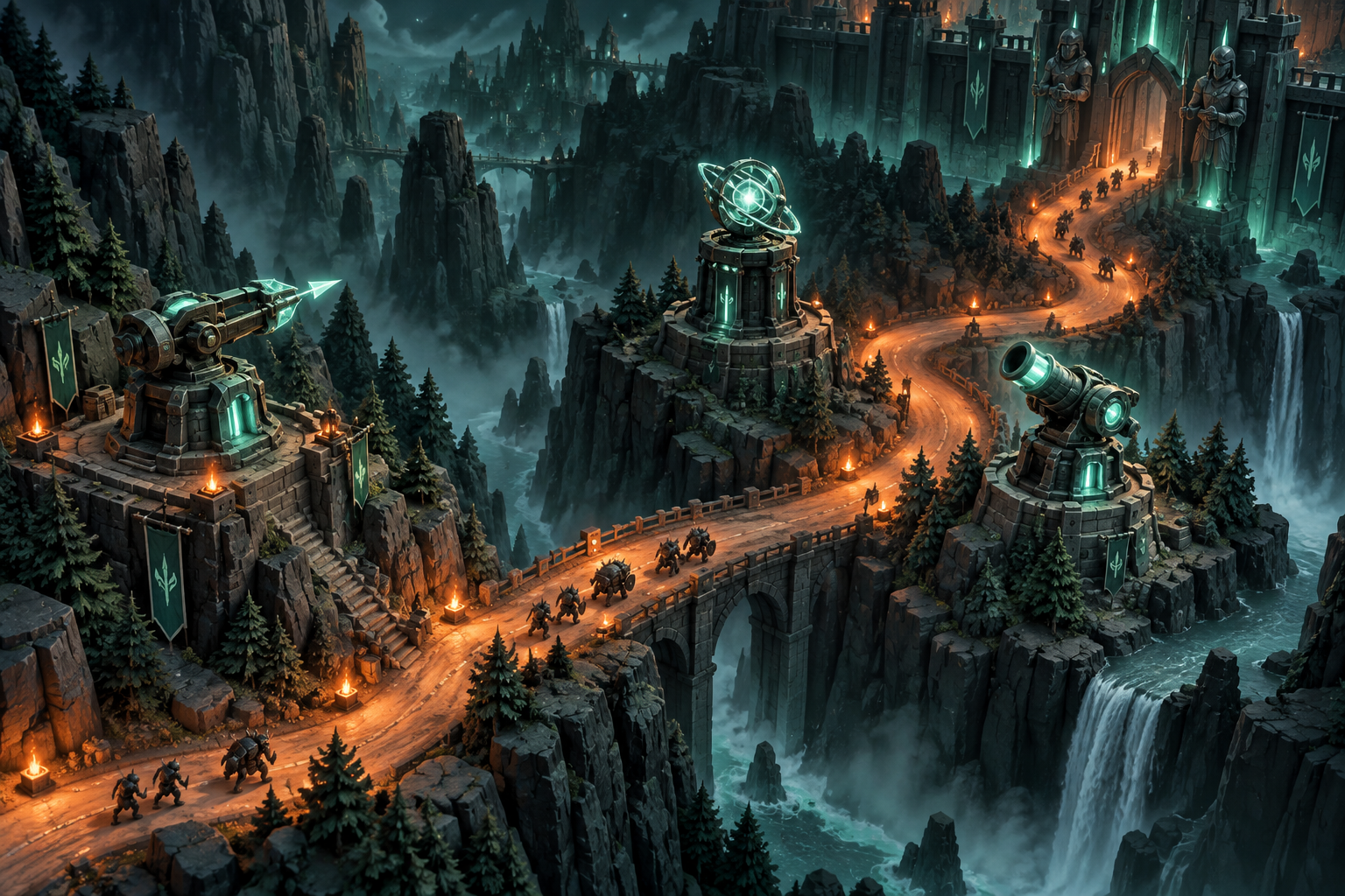 Mint-lit defensive towers overlooking an orange-lit road through a rocky canyon.